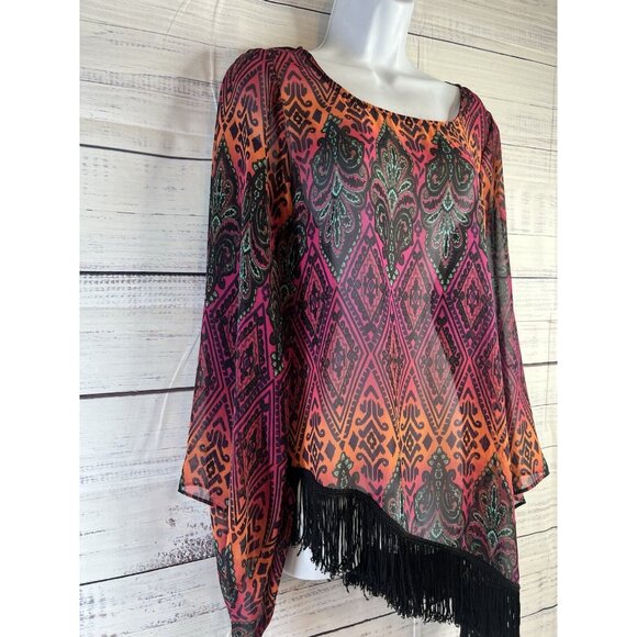 Ivy Jane Size S Boho Festival Fringe Kimono Bell Sleeve Asymetrical Sheer Blouse - Picture 4 of 12